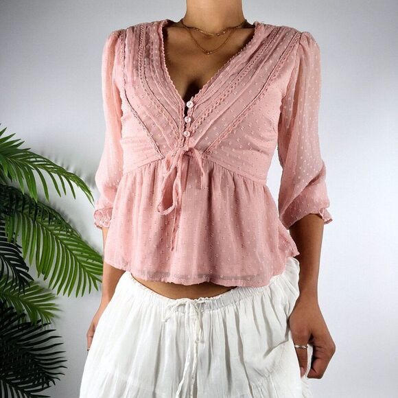 Women's Vintage Pink Coquette Long Sleeve Cottagecore Romantic Blouse / XS - Picture 3 of 5